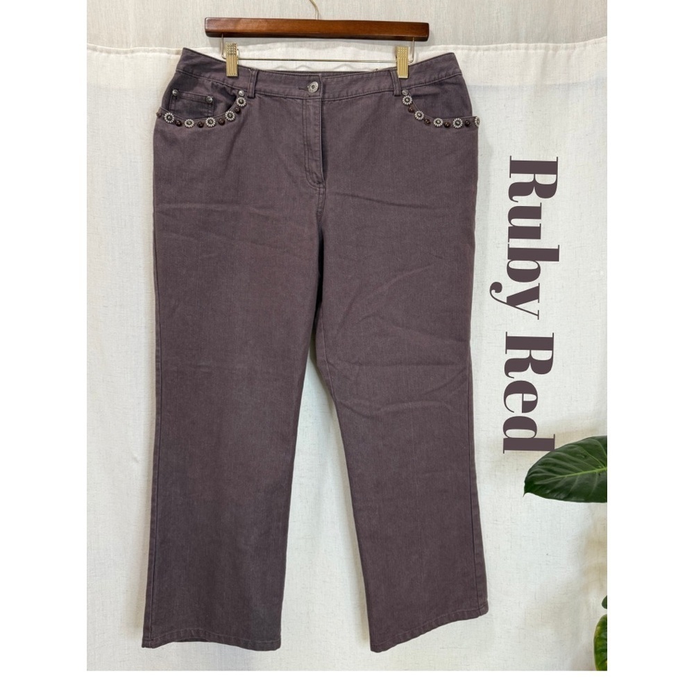 Ruby Rd. Embellished Straight Leg Pants Size 16 | Brown Beaded Floral Pocket